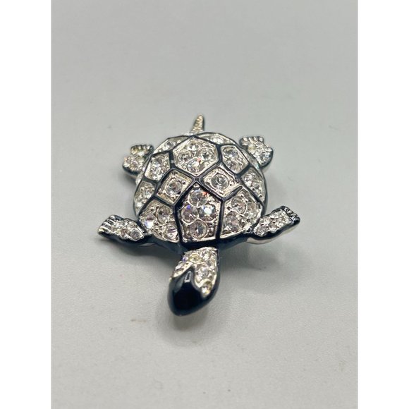 Kenneth Jay Lane KJL Turtle Pin Brooch Silver Tone Clear Crystals Black Enamel - Picture 2 of 9
